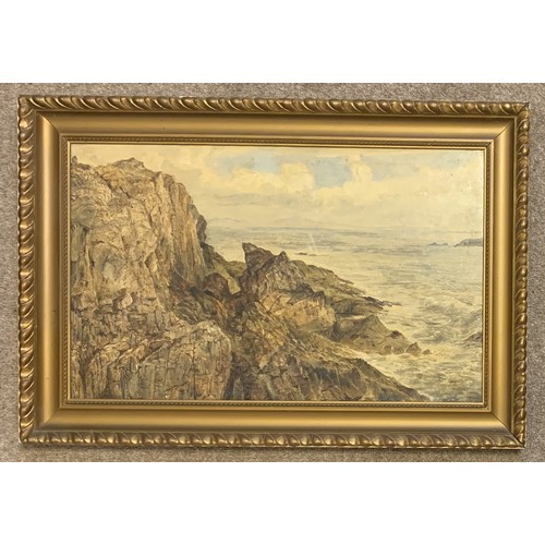 49 - Attributed to John Holland Snr. (British 1799-1879) Coastal rocks Guernsey, oil on board, 29 x 46cm.