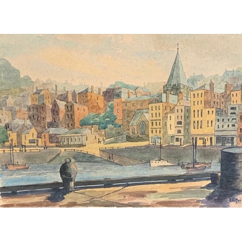 50 - N.E.Ellis (20th century) Town Church and seafront from Albert Marina, Guernsey, watercolour signed a... 