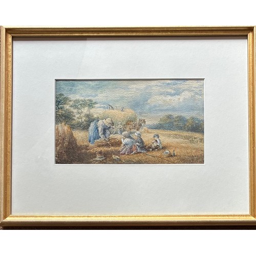 52 - Follower of Miles Birkett Foster (British 1825-1899) Harvest, watercolour, indistinctly signed, 13 x... 
