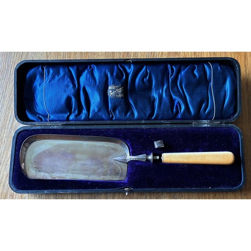 24 - Silver crumb tidy, Sheffield 1894 by George Howson, with bone handle in a fitted box, together with ... 