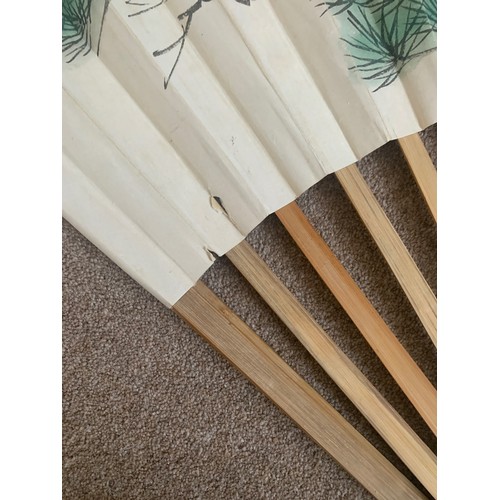 54 - Chinese hand painted and bamboo opera fan, decorated with flying birds amongst trees, 22 bamboo stic... 