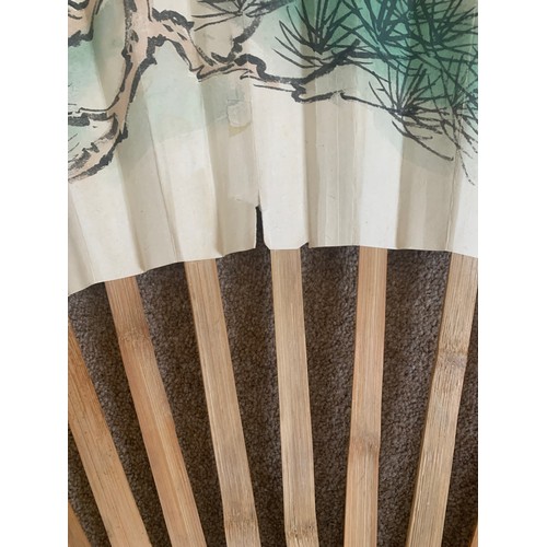 54 - Chinese hand painted and bamboo opera fan, decorated with flying birds amongst trees, 22 bamboo stic... 