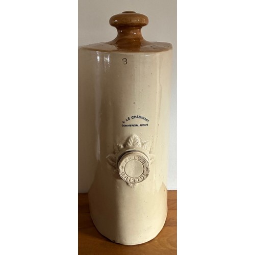 57 - Guernsey stoneware footwarmer, transfer printed Le Cheminant Guernsey, 3 pint size, with original sc... 