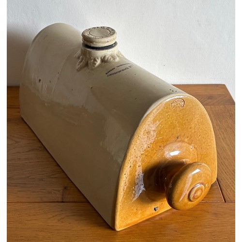 57 - Guernsey stoneware footwarmer, transfer printed Le Cheminant Guernsey, 3 pint size, with original sc... 