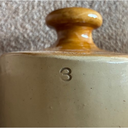 57 - Guernsey stoneware footwarmer, transfer printed Le Cheminant Guernsey, 3 pint size, with original sc... 