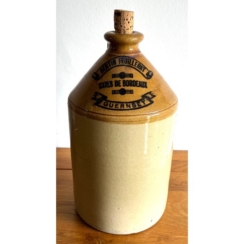 58 - Guernsey two tone stoneware half gallon size flagon, transfer printed Bertin Feuillerat Caves De Bor... 