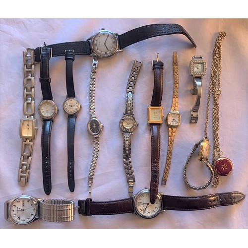 2 - Collection of watches (one silver), badges, brooches, compass etc.