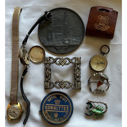 2 - Collection of watches (one silver), badges, brooches, compass etc.