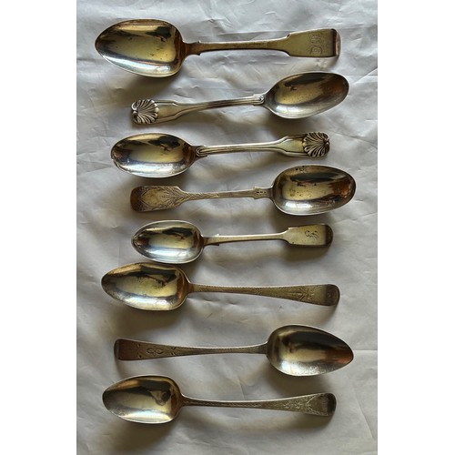 26 - Eight silver table or serving spoons, various town and silversmiths marks, the longest 22.5cm combin... 