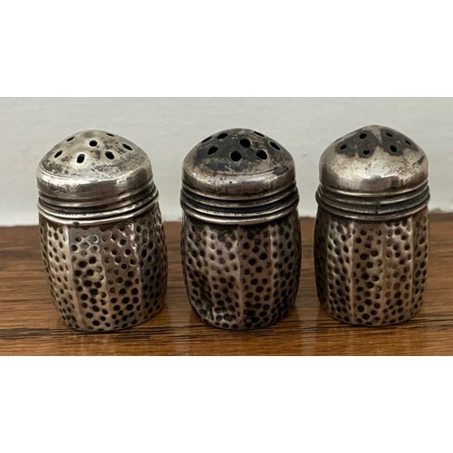 28 - Two silver napkin rings, silver cauldron salt, silver tubular small pill box, four silver forks, thr... 