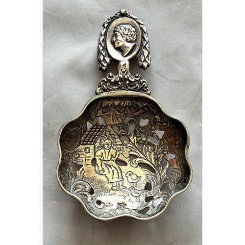 29 - Silver sifter spoon, Birmingham 1916 by Samuel Walton Smith, the pierced bowl with fient import mark... 