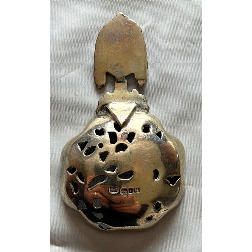 29 - Silver sifter spoon, Birmingham 1916 by Samuel Walton Smith, the pierced bowl with fient import mark... 