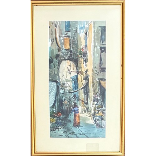 32 - English School, 20th century, Old Town, Genoa, watercolour, indistinctly signed, 33 x 16cm.