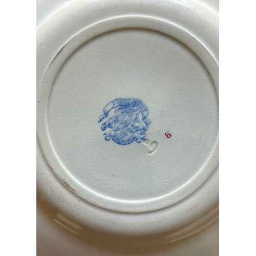 12 - French late 19th century cabinet plate, with blue and white theatrical themed border, the centre wit... 