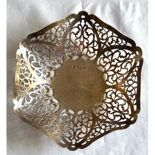 21 - Silver bon bon dish, Sheffield 1940 by Francis Howard, of hexagonal form with pierced foliate decora... 