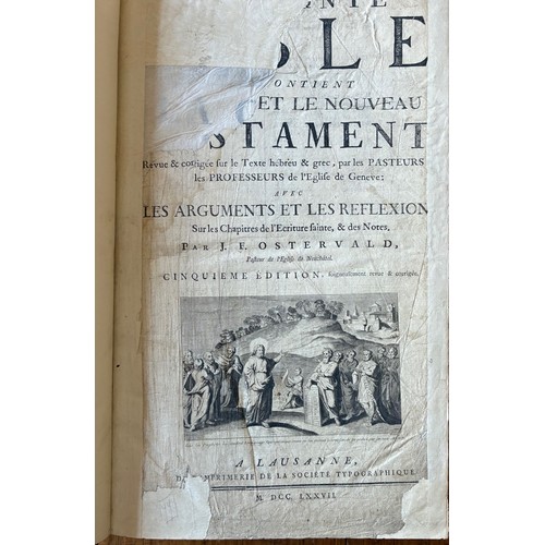 14 - Leather bound 'Sainte Bible', of Guernsey interest, printed in French dated 1777, bound by Thomas Gr... 