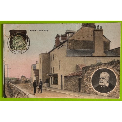 180 - Printed colour Allix postcard of Jersey, number 44 - Maison Victor Hugo with inset photograph of Vic... 