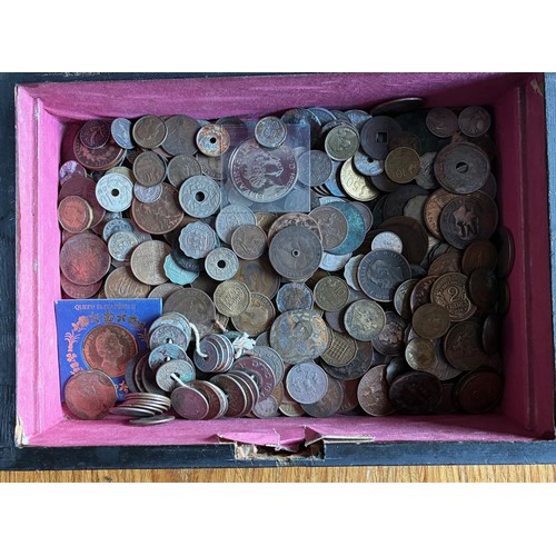 16 - Rosewood box containing coins, cloth badges, banknotes etc.