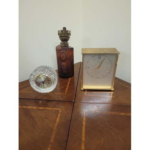 38 - crystal mantle clock, Garrard mantle clock + brandy glassware oil lamp