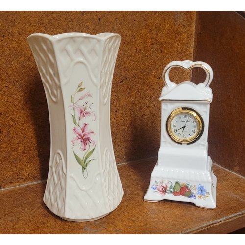 A small Belleek vase and a small Royal Tara porcelain clock