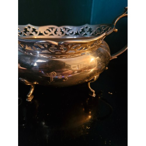 8 - Silver Kirwan and co. sugar bowl. inscribed 'Peg'.
oval bellied form, scroll handles, with a pierced... 