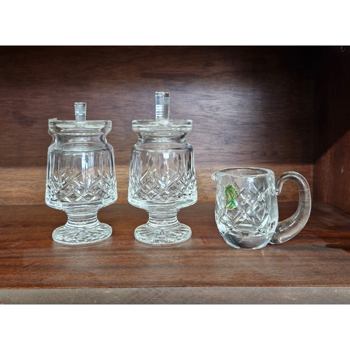 58 - Waterford Crystal miniature creamer and two Waterford Crystal footed condiment jars. Lismore