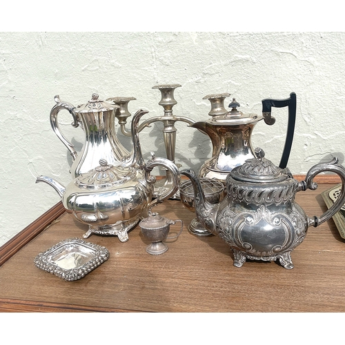 142 - An interesting mixed lot of silver plated items  -  Ash trays and 19C tea/coffee pots