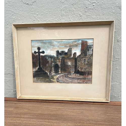 137 - British School  -  oil and pen on card  -  Cathedral scene -