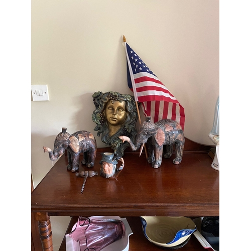 333 - mixed decorative items  - elephants, decorative wall sconce, American flag etc