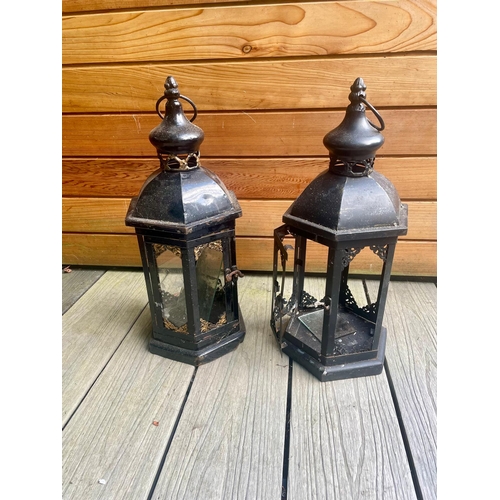 375 - A pair of church lanterns and an oil lantern.