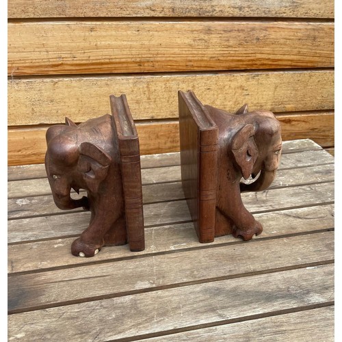 17 - Vintage heavy wooden elephant bookends (one repaired)