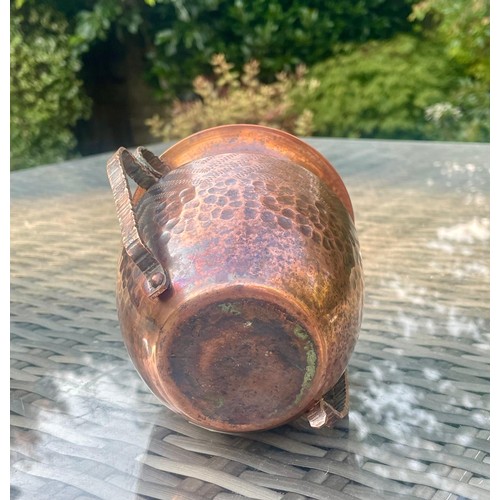 89 - Arts and Crafts hammered copper and scroll brass handled vase