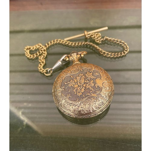 23 - Ardana manual wind gold plated pocket watch and chain.  Running.