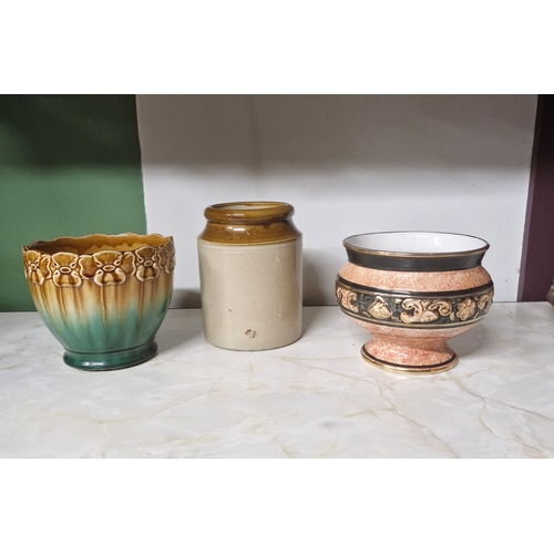 179 - Stoneware jar vase stamped Pansy England and a lustreware vase.