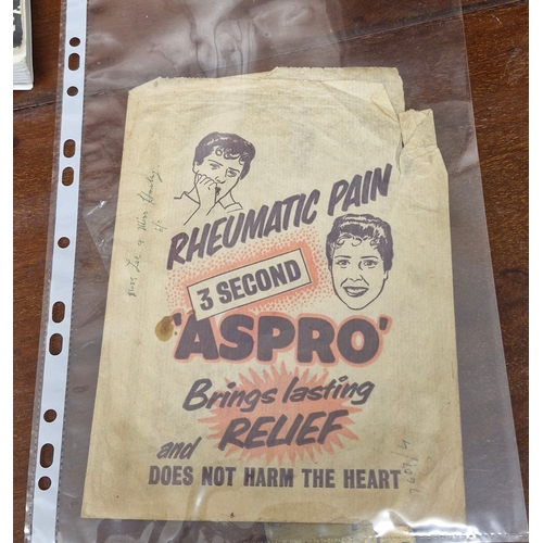 372 - 1960s advertising chemist's dispensery paper bag advertising Aspro.