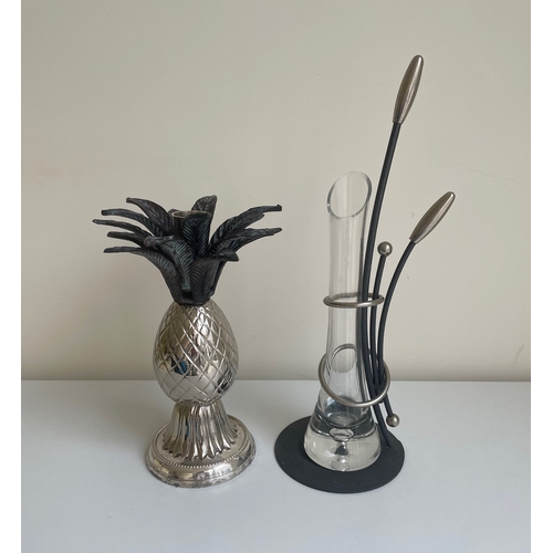 44 - Vintage silver plated pineapple candle holder and art deco style bud vase