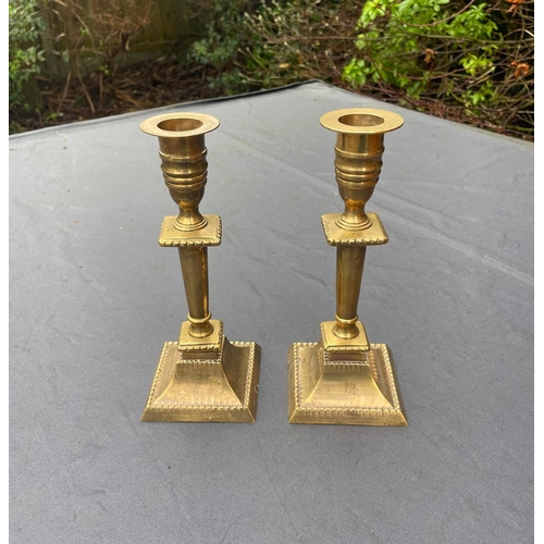 341 - Antique brass candle stick holders 22cm