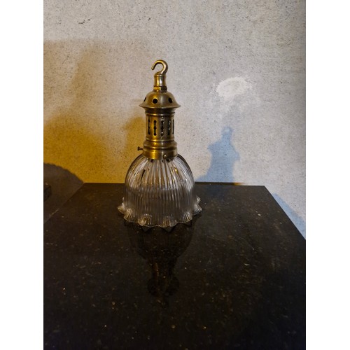 1 - A French Holophane  glass shade on brass pendants.