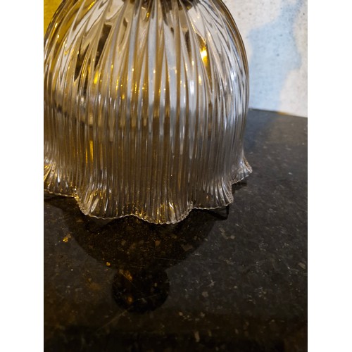 1 - A French Holophane  glass shade on brass pendants.