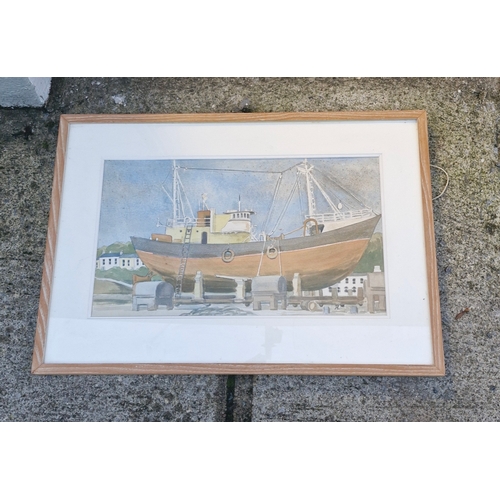 4 - Boat in Howth Harbour, initialed P L.  Watercolour and pencil nicely framed