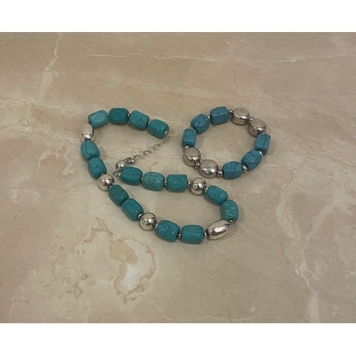 104 - Beaded turquoise and silver necklace and bracelet. 925 silver, heavy.