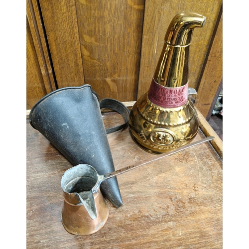 141 - Whyte and Mackay decanter,  a beer mull and a copper toddy measure.