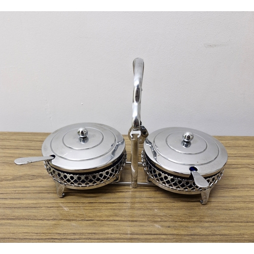 233 - Chrome plated condiment server with cobalt blue insert dishes.