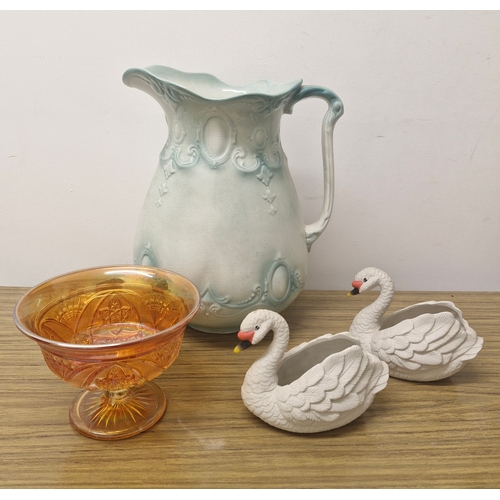 240 - A selection of items to include a large avocado coloured wash jug