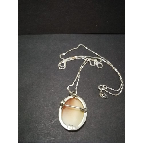 65 - Cameo brooch / pendant  - silver mounted + chain.