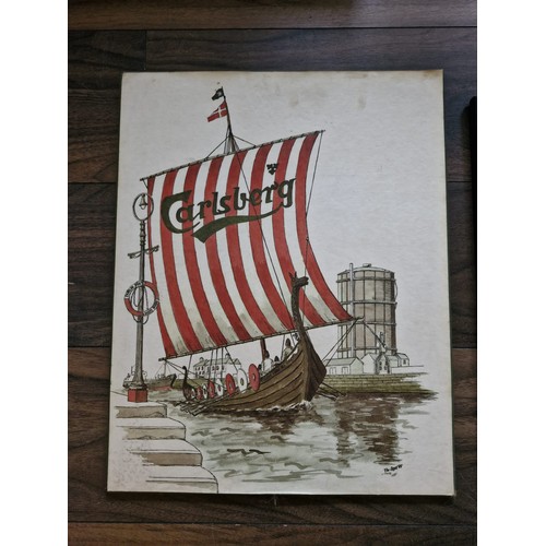 240 - Pat liddy Print  -  Carlsberg Danish Viking ships
plus a Beefeater gin advertising print.