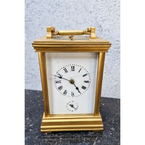 75 - French brass travel clocks with porcelain plaques