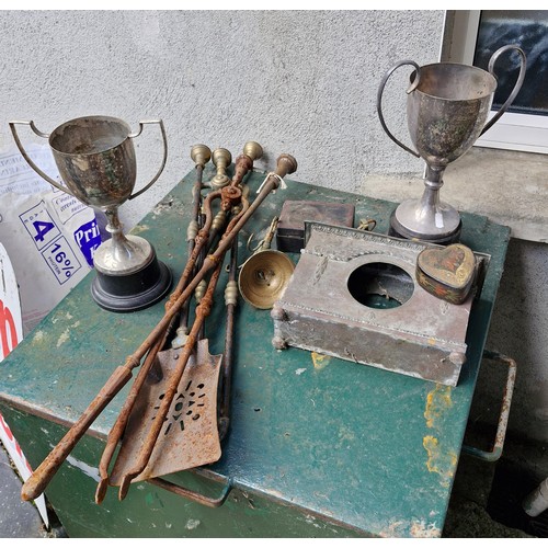 70 - Mixed lot Victorian fire furniture brass clock hood trophies etc.