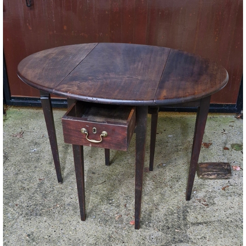 92 - Georgian mahogany drop-leaf Pembroke table. Oval hinged top with frieze drawer on square tapering le... 