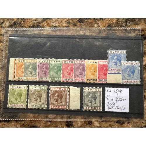 119 - Cyprus 1921/3 set to 18piastres (14), u/,. (SG 85/98). Cat £350